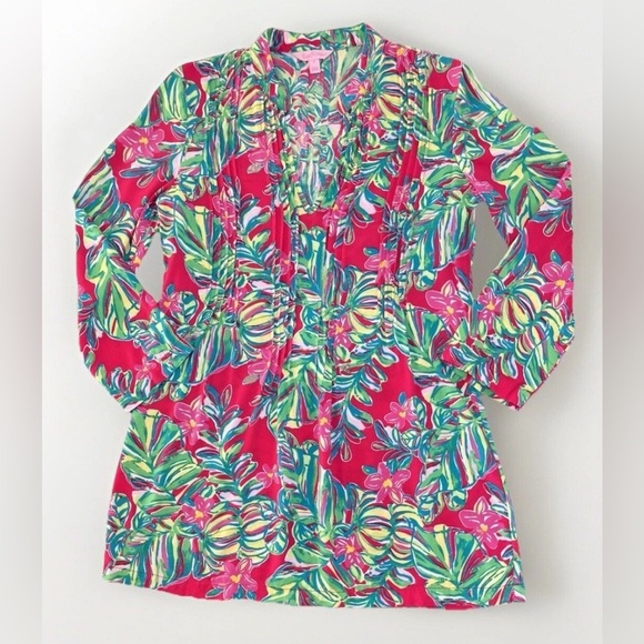 Lilly Pulitzer Tops - Lilly Pulitzer Sarasota Top Small Pleated Pink LS Jungle Tumble Boho Beach READ